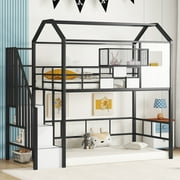 Euroco Twin Loft Bed with Cabinet, Solid Metal House Bed for Kids Teens, Black