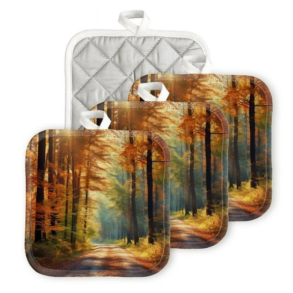 Bahomeck Pot Holder 4Pcs,Forest Scene With Tall Trees And Sunlight Filtering Through The Leaves Square Heat Resistant Hot Pads For Kitchen Cooking Oven With Hanging Loop Potholder Easy To Store
