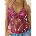 thumbnail image 3 of Women Y2K Sequin Halter Neck Crop Tops V Neck Glitter Cami Top Tie Up Back Sparkle Slim Tank Tops, 3 of 5