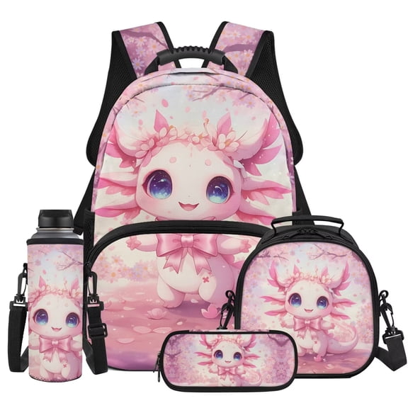 XYZCANDO Pink Axolotl School Backpack Set 4Pcs with Portable Lunch Bag Multifunctional Pencil Case Water Bottle Bag Carrier Suitable for Elementary Middle School