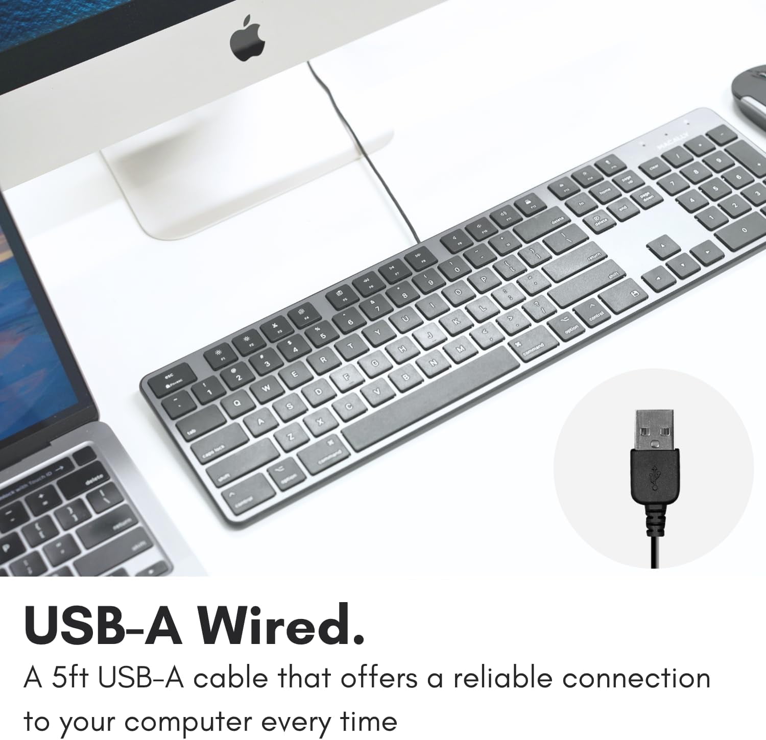 Macally Slim USB Wired Keyboard for Mac - Compatible Full Size Apple Keyboard with 104 Key Layout & 16 Shortcut Keys - Scissor Keycaps for Tactile Typing for Mac Mini, Macbook Pro / Air, iMac