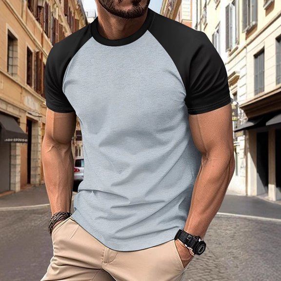 European Color Blocked Twill Business Sport Raglan Sleeves Men Short T Shirt, XXXL, Grey