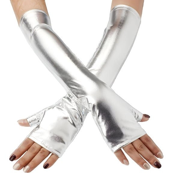 TELOLY Women Long Silver Gloves Metallic Fingerless Cosplay Costume Accessories
