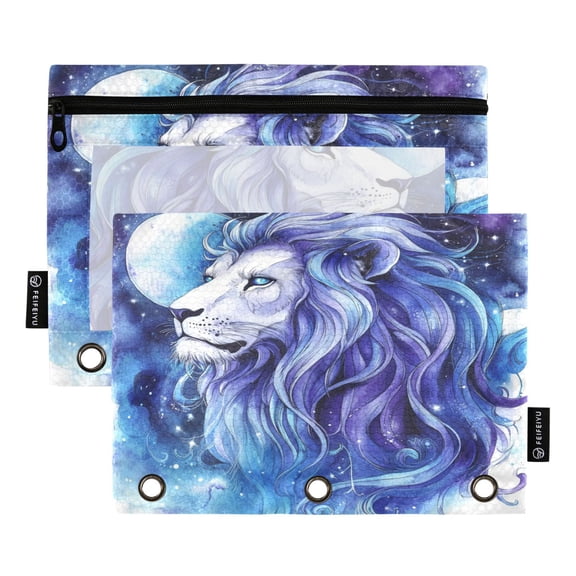 2 Pack Pencil Bag 9.84x6.1 Inch 3-Ring Page Turning Folder Zipper Pencil Case Pencil Bag Page Turning File Bag Lion under The Moon