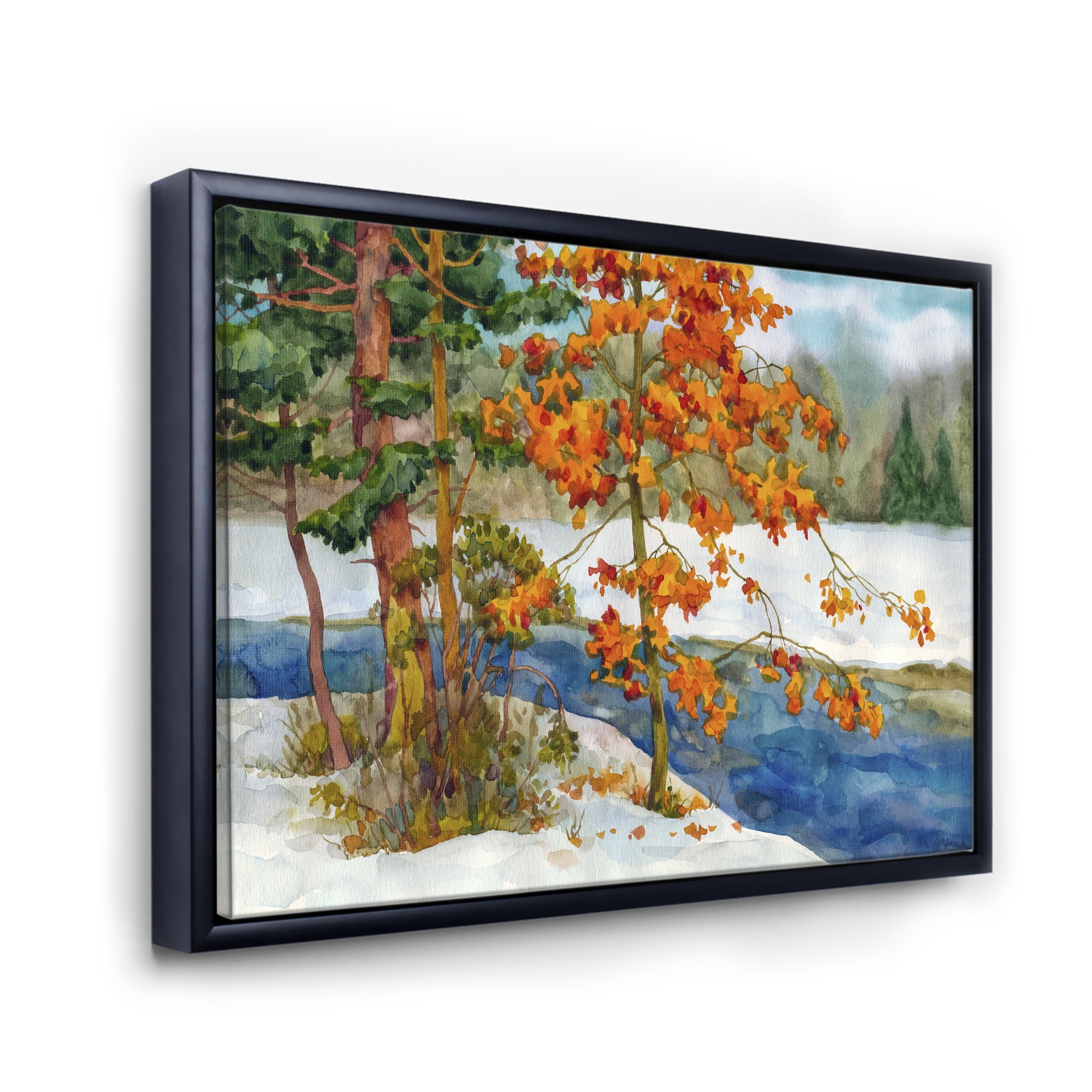Designart 'Stream Through The Winter Forest I' Lake House Framed Canvas Wall Art Print