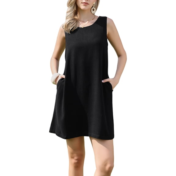 INSPIRE CHIC Sleeveless Linen Dress for Women's Summer Crew Neck A-Line Casual Dresses with Pockets XS Black