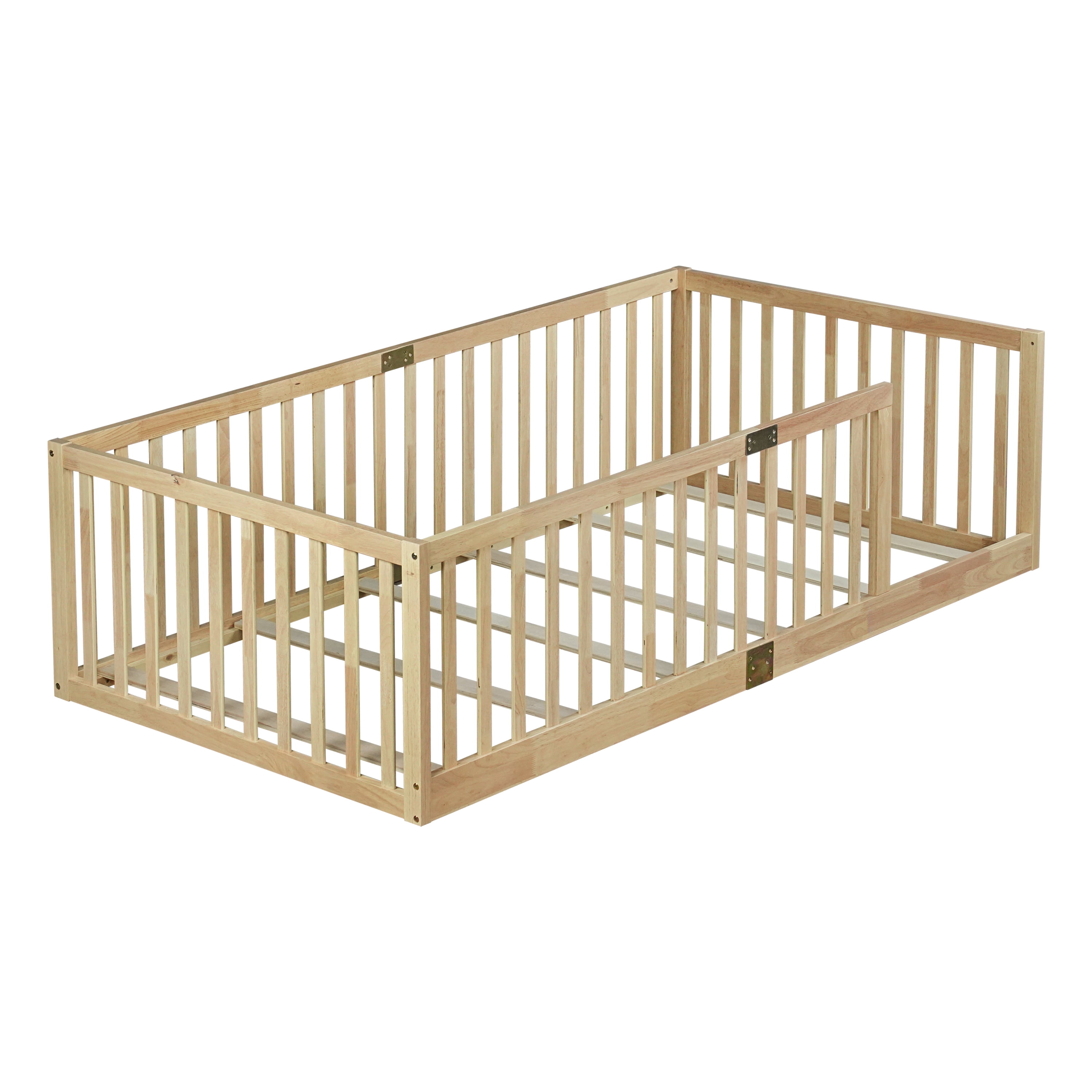 Miniyam Twin Size Floor Bed with High Safety Fence for Kids, Natural