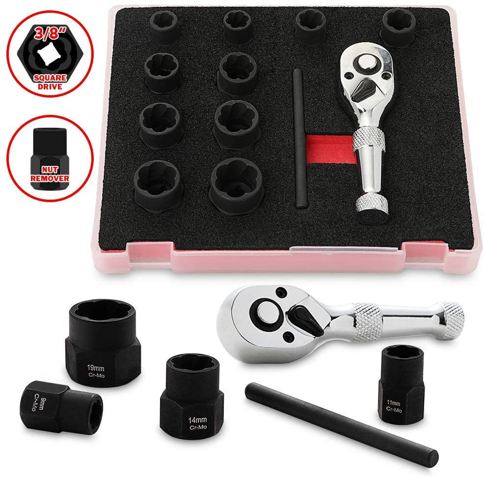 Impact Bolt Nut Remover Tool Set, 3/8”Extractor Socket Set with Stubby Ratchet and Extension Bar