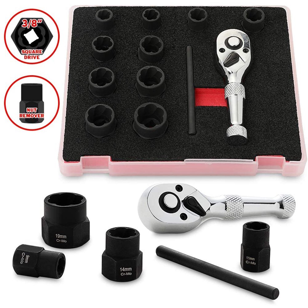 Impact Bolt Nut Remover Tool Set, 3/8”Extractor Socket Set with Stubby