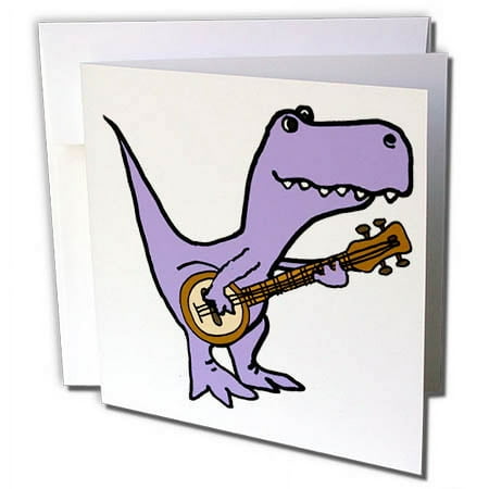 3dRose, Funny Cute Purple Trex Dinosaur Playing Banjo, 1 Greeting Card with envelope