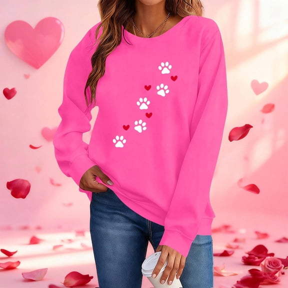 GUZOM Hot Pink Womens Cute Paw Print & Heart Crewneck Sweatshirt - Valentine's Cozy Loose Casual Pullover for Pet Lovers,Size XS