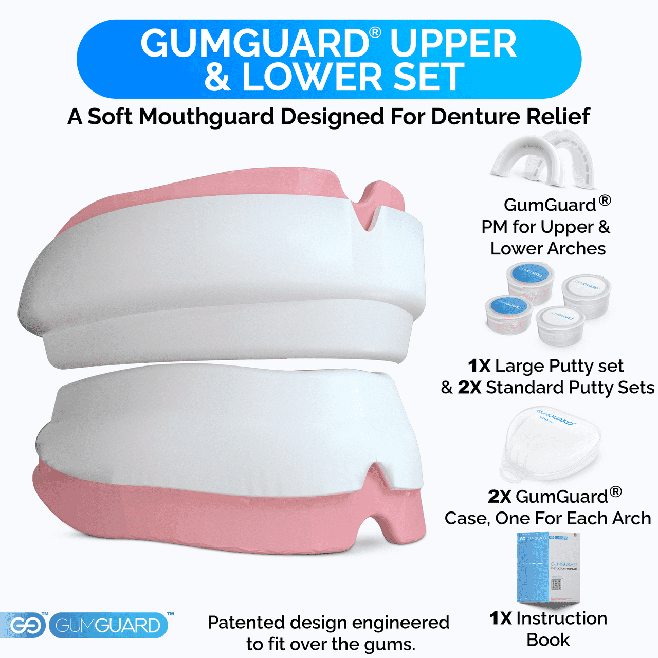 Standard GumGuard Full Arch Denture Mouthguard Set Upper and Lower Custom-Fit Made in USA White
