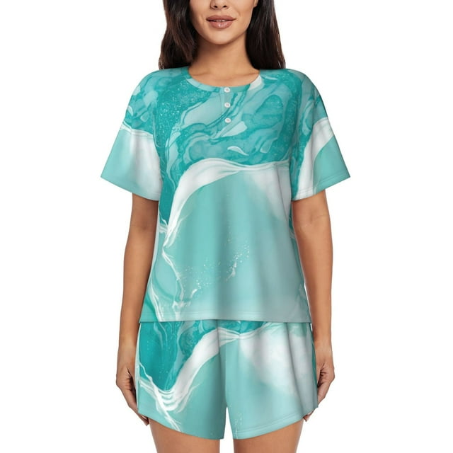 Vsdgher Turquoise 1 Motif Pyjama Femme 2 Pcs Manches Courtes Ensemble de Nuit, Ensemble de Pyjama Doux d'Été Décontracté, 2 Pcs Pj-TTG