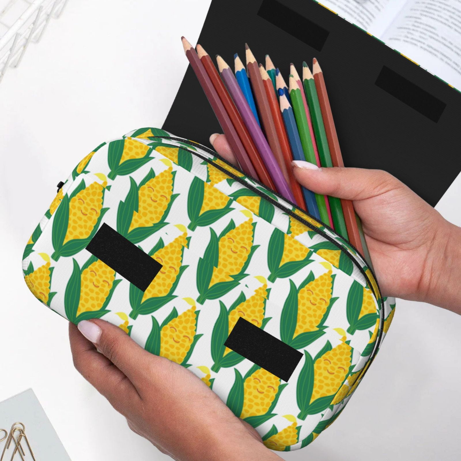 Rateoe Corn Cob Pattern Double Clamshell Pen Case, Storage Organizer with Two Zipper Compartments– Holds Up to 50 Pencils & Pens