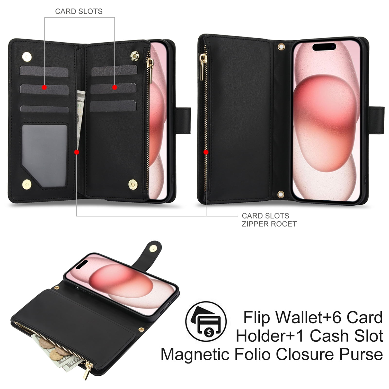 Phone Case for Apple iPhone 14, Premium iPhone 14 Case with Wallet, Card Holder, Coin Zipper Pocket Shockproof Flip Cover Stand with Wrist Strap & Detachable Shoulder Strap,Black