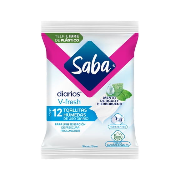 Toallitas húmedas Saba Diarios v-fresh uso diario menta de agua 12 pzas