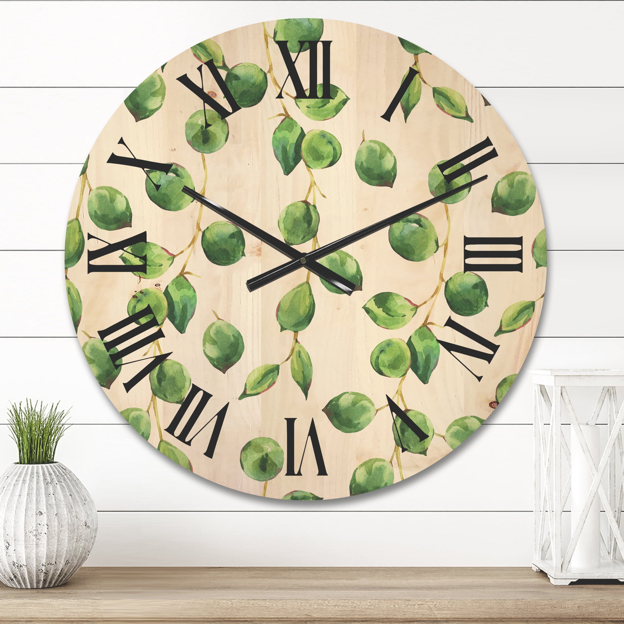 Designart 'Tropical Green Leaves Patern On White' Tropical Wood Wall Clock