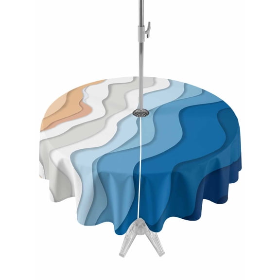 Outdoor Tablecloth with Umbrella Hole and Zipper, Blue Geometric Beach Waterproof Patio Tablecloth for Dining Round 54'', Ombre Waves Moire Abstract Art Wipeable Table Cover for Picnic BBQ Party