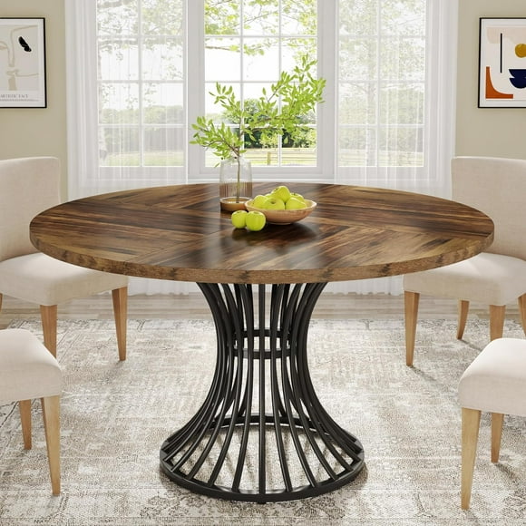 Tribesigns Round Dining Table for 4-6 People, 47-Inch Farmhouse Dinning Room Table Circle Kitchen Table, Industrial Dinner Table with Metal Base for Kitchen, Living Room, Rustic Brown