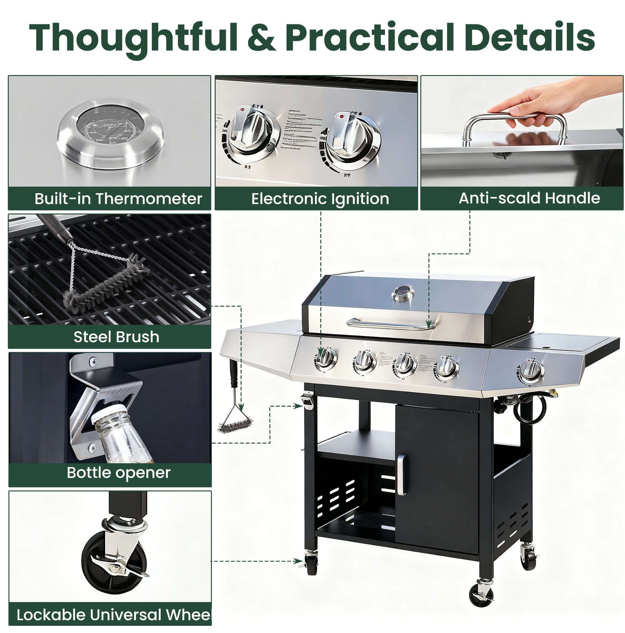 Seizeen 4-Burner Propane Gas Grill, 51,000BTU Outdoor BBQ Griddle