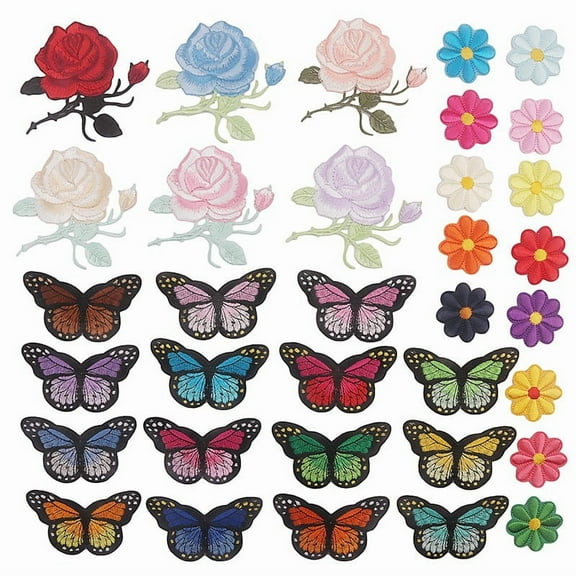 Embroidered Patch Set *1 - Butterfly Flowers on Colorful Sew on Appliques Embroidery Badge Logo Patch Applique Roses Diy Crafts - Household Stickers - Stickers