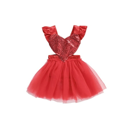 

Seyurigaoka Newborn Baby Girl Valentine s Day Romper Dress Fly Sleeve Heart Pattern Sequin Decor Backless Back Tie Up Mesh Patchwork Playsuit