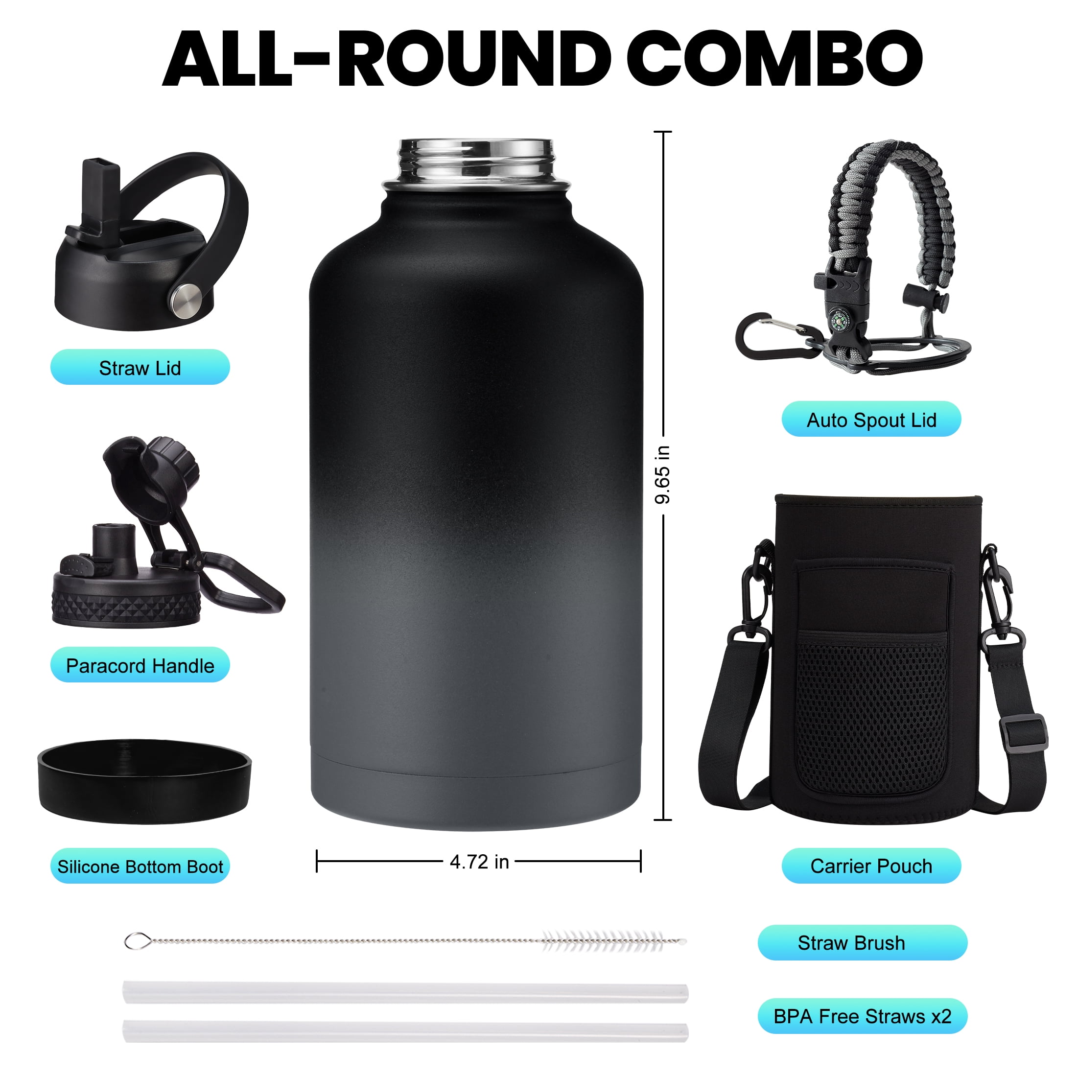 64OZ Insulated Sports Water Bottle - Half Gallon Stainless Steel Water Bottle with Straw, Carrier Bag, Paracord Handle, Big Water Jug for Hiking Camping