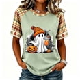 thumbnail image 2 of BODOAO Women's Fall Graphic Tee Halloween Ghost Pumpkin Print Short Sleeve Crew Neck T Shirt Plaid Raglan Tops Casual Loose Fit Autumn Thanksgiving Holiday Wear Green S, 2 of 5