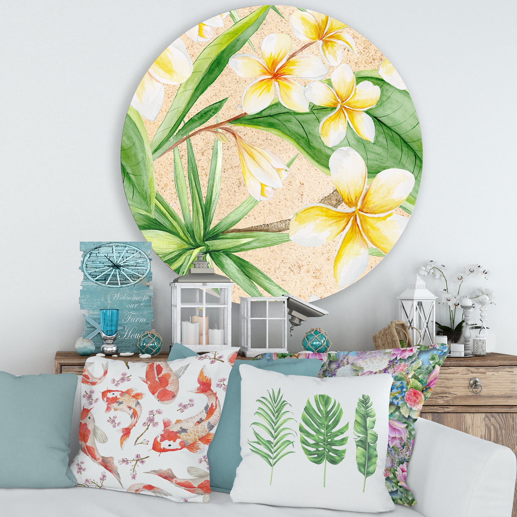 Designart 'Yellow Flowers and Tropical Foliage XI' Traditional Circle Metal Wall Art 36x36 - Disc of 36
