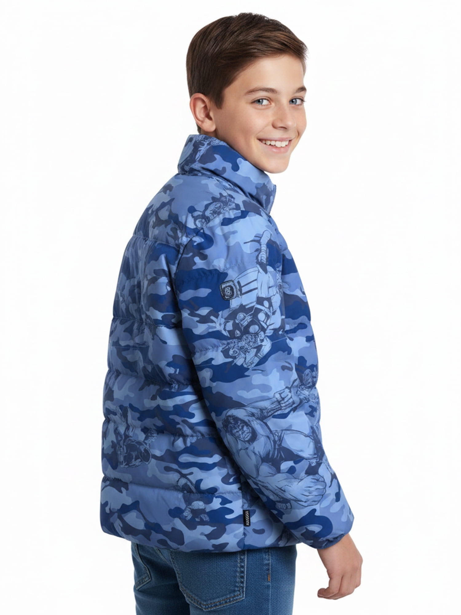 Boys’ Avengers Camo Print Puffer Jacket, Light Blue, Sizes XS–XL