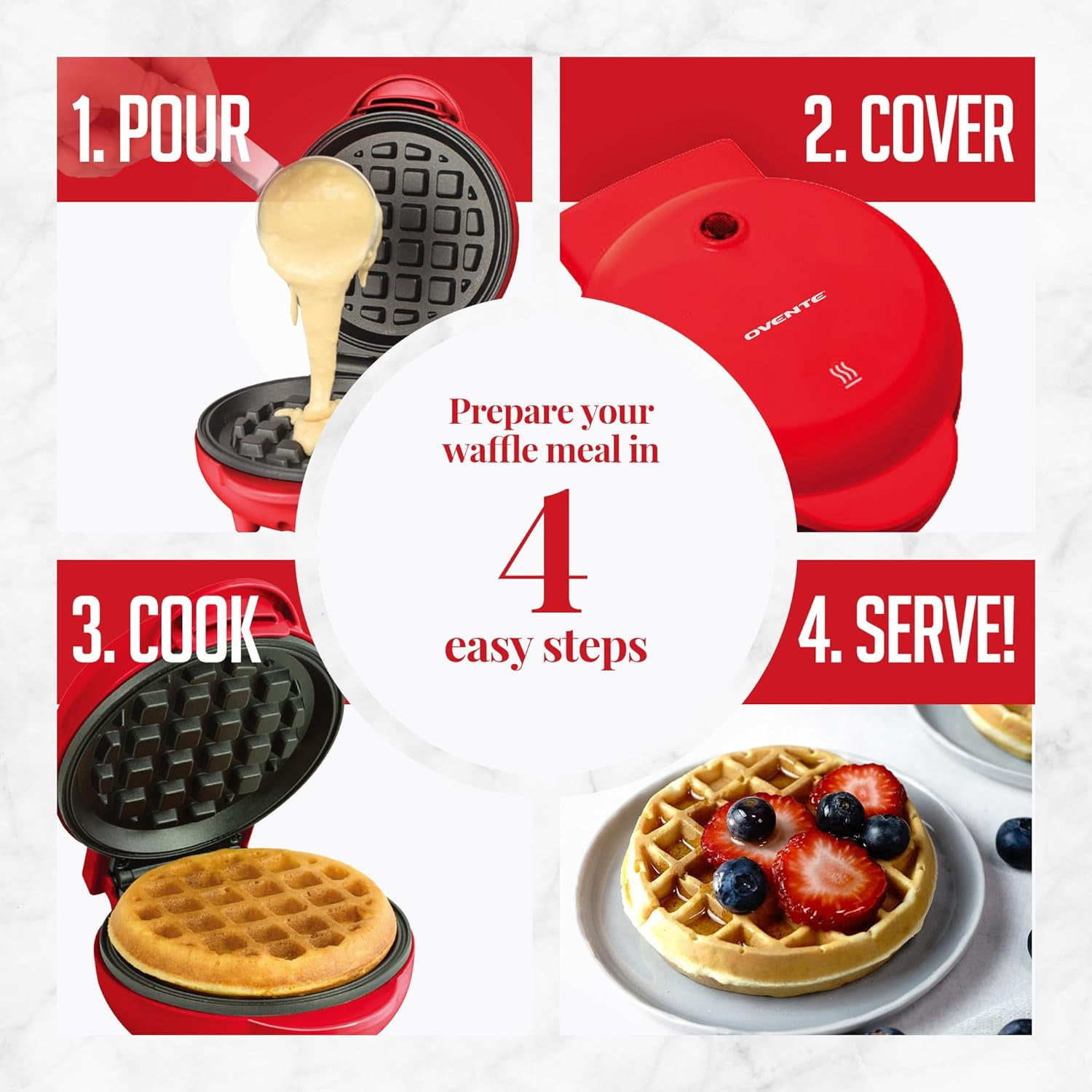 OVENTE Electric Mini Waffle Maker, 550W Fast Heating Element with Overheat Protection, 4-Inch Non-Stick Plates and Cooking Surface, Perfect for Breakfast, Hash Browns, Keto Chaffles, Red WM215R