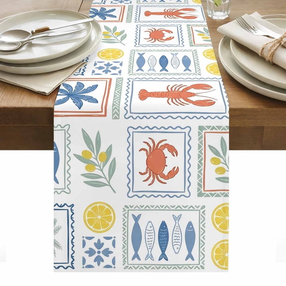 Summer Tropical Plants Table Runner Palm Tree Fish Lobster Crab Lemon Tablerunners 14 x 72 Inch, Table Decorations Tabletop Scarf for Summer Gathering Holiday Farmhouse Kitchen Dining Decor
