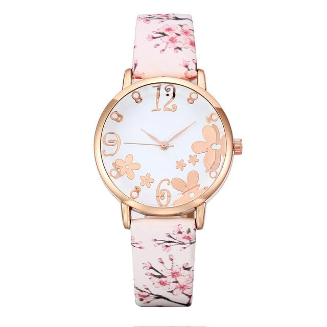 Montre à Quartz pour Femmes Mode avec Fleurs en Relief Petites Fraîches Imprimées