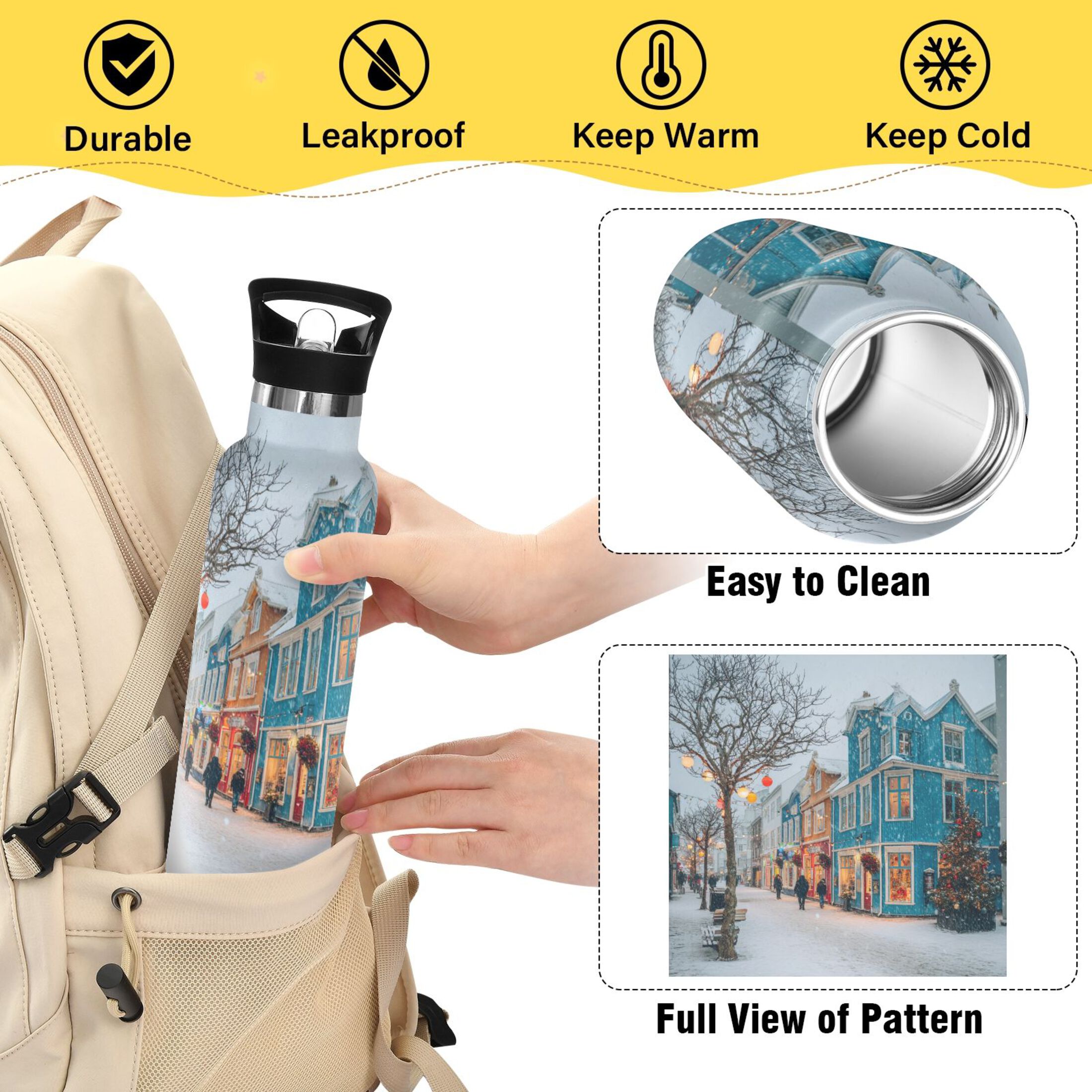 Kids Insulated Stainless Steel Sports Water Bottle 600ml (20oz) Town in Winter
