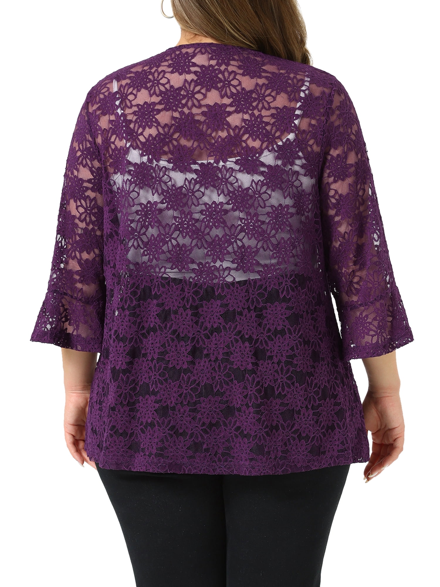 DARING DIVA Women's Plus Size Open Front 3/4 Sleeve Sheer Lace Cardigan 2X Dark Purple