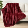 thumbnail image 2 of PAVILIA Fleece Throw Blanket for Couch with Pom Pom Fringe, Maroon Burgundy Red, Soft Cozy Fuzzy Flannel Blanket for Sofa Bed, Lightweight Plush All Season Throw, 50x60 Inches, 2 of 9