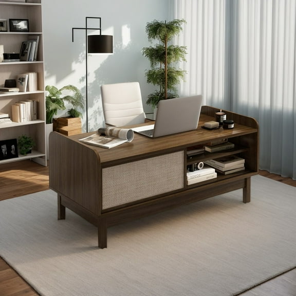 Kadyn Cocktail Tea Table,Coffee Table,Sofa Table Tea Table,Mid-Century Center Table with Storage and Weaving Sliding Door & Adjustable Shelf-Walnut