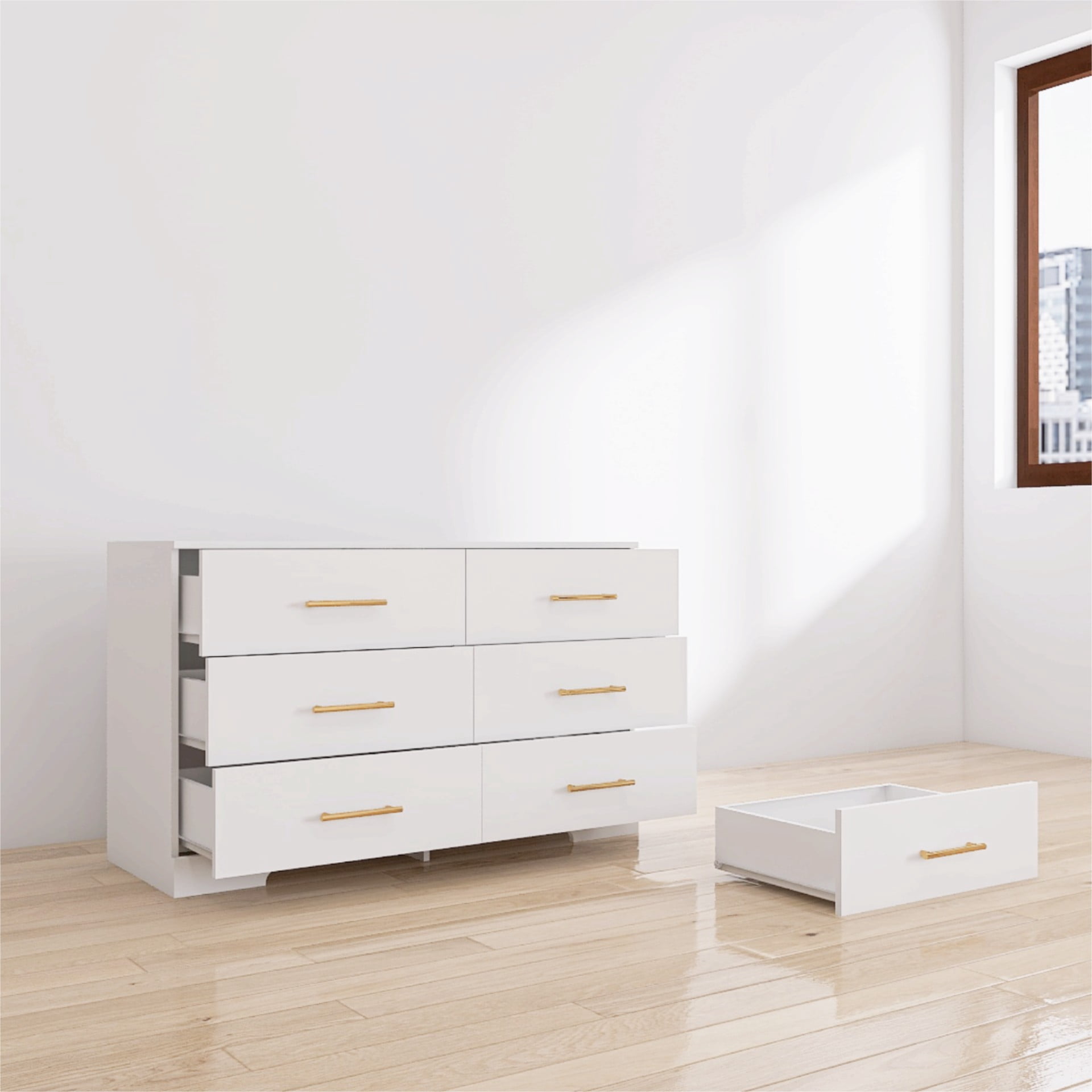 6 Drawer Dresser, Modern Dresser for Bedroom with Spacious Countertop, Wood Storage Cabinet for Bedroom, Living Room, Entryway,White