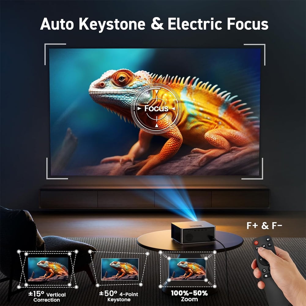 LCD Projector with WiFi and Bluetooth, Native 1080P 4K Support Outdoor Movie Projectors Max 450" Display, Electric Focus Theater Projector for iOS/Android/TV Stick