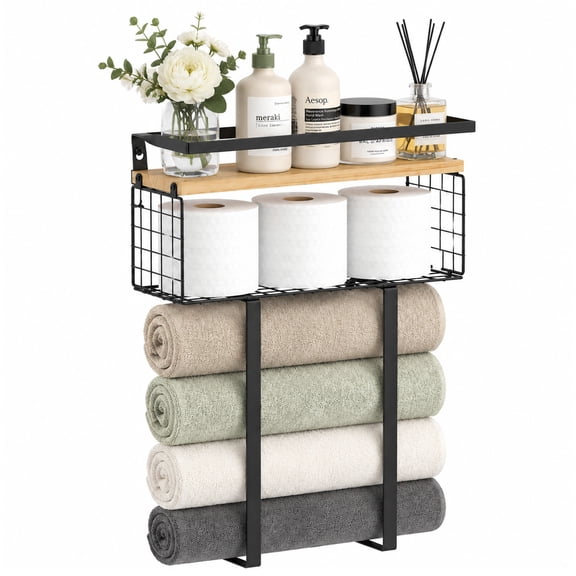 iFaveorr Towel Rack for Bathroom Storage Wall Mounted Towel Holder with Wood Shelf and Basket for Small Spaces, Bathroom Organizer, Gray
