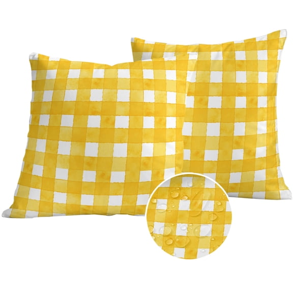 Yellow Plaid Outdoor Pillow Covers 24x24 Set of 2,Waterproof Patio Throw Pillowcase Protectors,Watercolor Grid Checker Gingham Farmhouse Decorative Pillow Shams Cushion Covers for Seat Bed Couch Sofa
