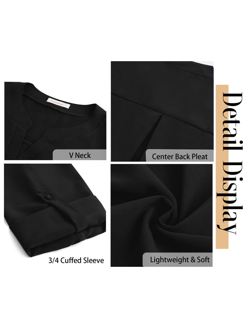 Hount Women's Casual V-Neck Blouse - 3/4 Roll Up Sleeve Button-Down Tunic Shirt With Pocket