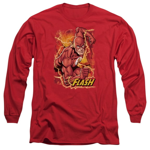 JLA Justice League Flash Lightning Long Sleeve Adult 18/1 T-Shirt Red