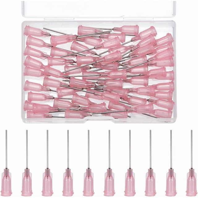 60 agujas dispensadoras de punta roma de 20G con conector Luer Lock, 4,24 cm de largo, de plástico rosa, para fluidos. Puntas de precisión con pasador de acero inoxidable 201.