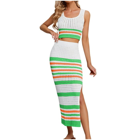 qolati 2 Piece Sets for Women Crochet Beach Cover Up Set Knit Square Neck Short Sleeve Crop Top Bodycon Long Skirt Tow Piece Outfits