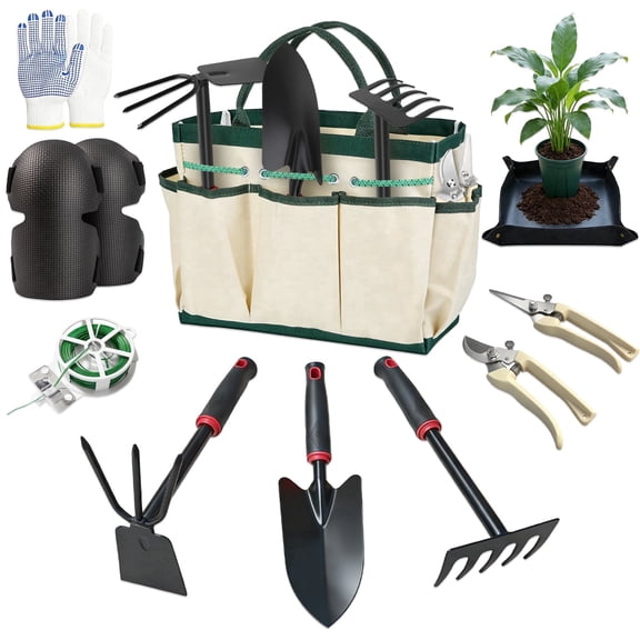 XYHOOK 10Pc Manganese Steel Garden Tools Set, Heavy Duty Rust Resistant Kit with Non-Slip Ergonomic Handles & Storage Tote, Planting Gift for Gardening Enthusiasts