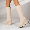 thumbnail image 4 of Women Round Toe Slip on Platform Wedge High Heel Knee High Tall Boots Comfort Stretch Footwear Autumn Winter Fashion Warm Shoes Beige 8.5(41), 4 of 9