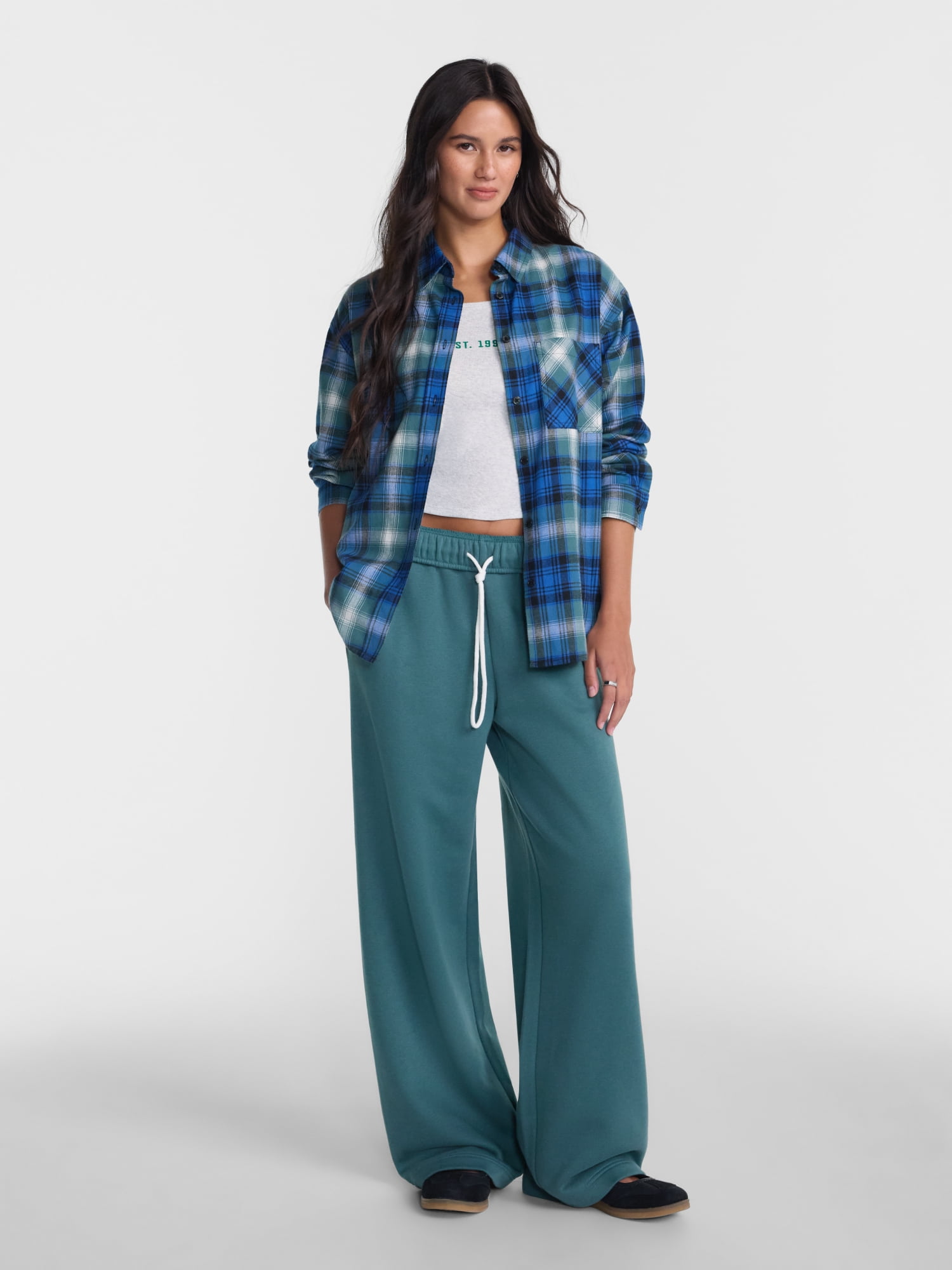No Boundaries Plaid Flannel Shirt with Long Sleeves, Women's XXS-XXL