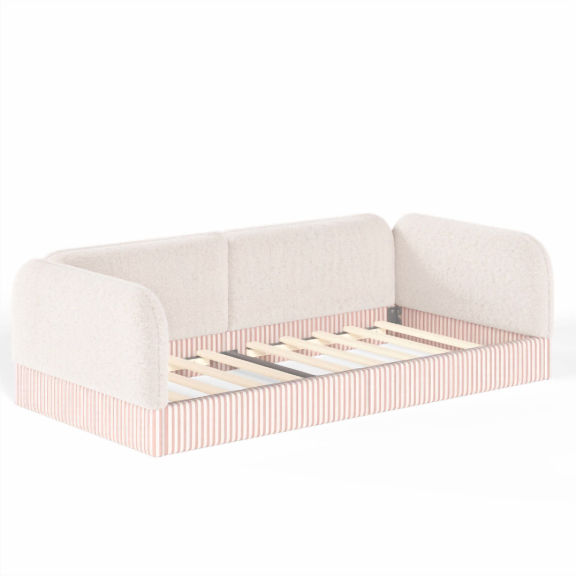 Twin Size Upholstered Teddy Fleece Floor Bed Frame, Half-Enclosed Montessori Low Profile Platform Bed with Full-Perimeter Guardrails for Kids, Beige