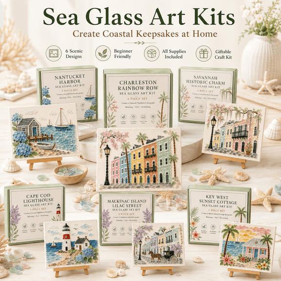 Timeless American Destinations Sea Glass Art Kit, 1 Selected Design DIY Mosaic Craft Set with Colorful Glass Stones, Coastal City Art Project for Adults, 6 Styles Available